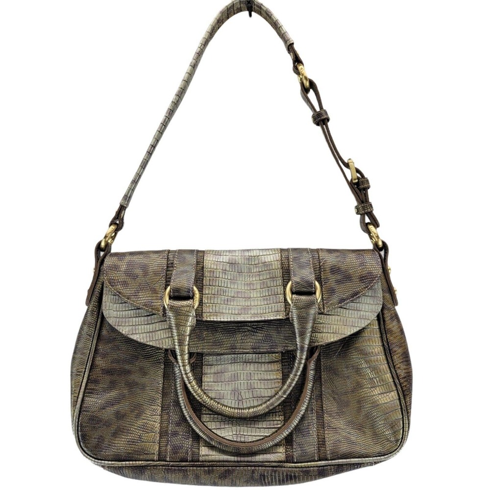Brahmin Croc Embossed Animal Print Shoulder Bag Satchel Shimmery Gold Tan